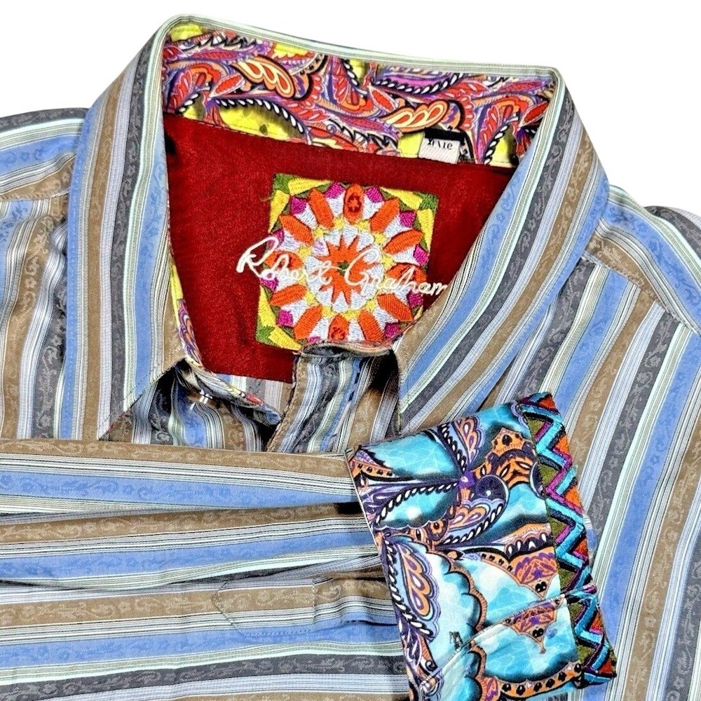 Robert Graham Button Down Men's XL Blue Tan Striped Paisley Contrast Cuff Shirt